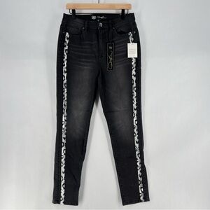 DG2‎ Diane Gilman Stretch Charcoal Gray Leopard Sequin Side Stripe Skinny Jean